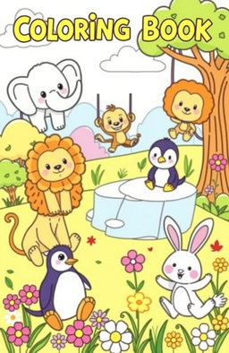A fun and engaging coloring book illustration featuring various cute and friendly animals, such as a smiling elephant, a playful monkey swinging from a tree, a cheerful lion sitting in the grass, a curious penguin waddling on ice, and a fluffy bunny hopping around in a flower-filled meadow