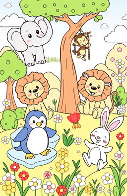 A fun and engaging coloring book illustration featuring various cute and friendly animals, such as a smiling elephant, a playful monkey swinging from a tree, a cheerful lion sitting in the grass, a curious penguin waddling on ice, and a fluffy bunny hopping around in a flower-filled meadow