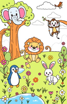 A fun and engaging coloring book illustration featuring various cute and friendly animals, such as a smiling elephant, a playful monkey swinging from a tree, a cheerful lion sitting in the grass, a curious penguin waddling on ice, and a fluffy bunny hopping around in a flower-filled meadow