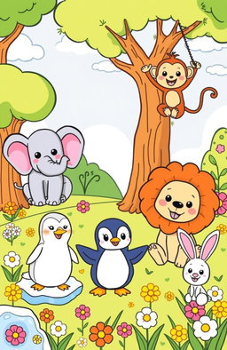 A fun and engaging coloring book illustration featuring various cute and friendly animals, such as a smiling elephant, a playful monkey swinging from a tree, a cheerful lion sitting in the grass, a curious penguin waddling on ice, and a fluffy bunny hopping around in a flower-filled meadow