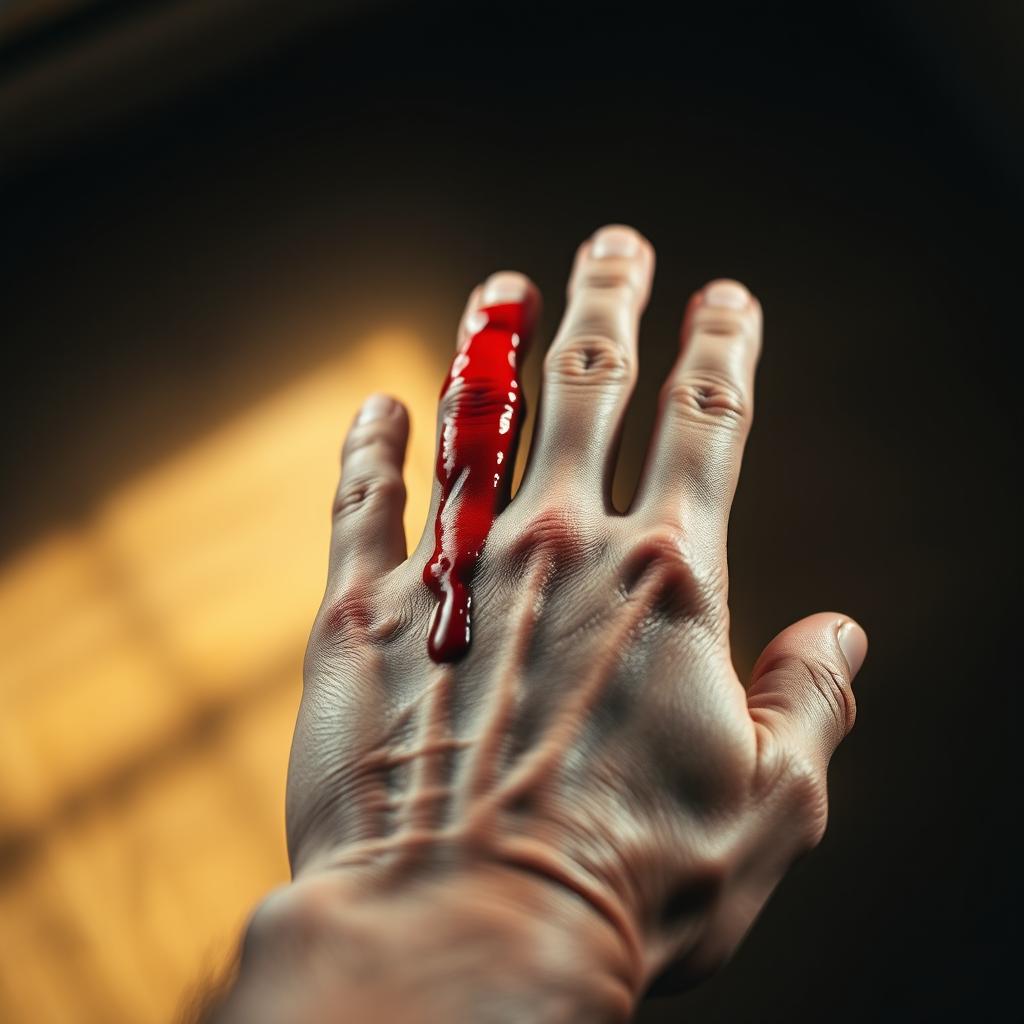 A close-up shot of a human hand with blood smeared on the wrist, capturing intricate details of the hand's texture
