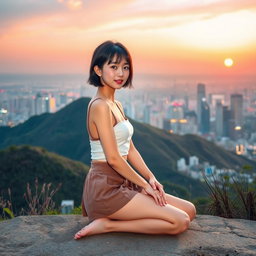 A fashionable Japanese girl sitting gracefully in front of a picturesque hill, wearing a very short skirt and minimal clothing