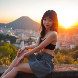 A fashionable Japanese girl sitting gracefully in front of a picturesque hill, wearing a very short skirt and minimal clothing