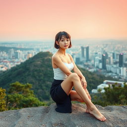 A fashionable Japanese girl sitting gracefully in front of a picturesque hill, wearing a very short skirt and minimal clothing