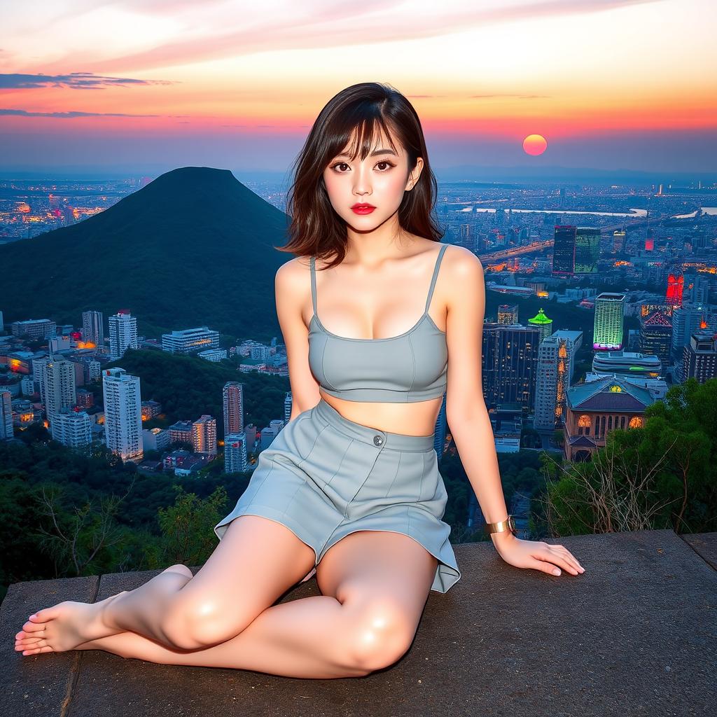A fashionable Japanese girl sitting gracefully in front of a picturesque hill, wearing a very short skirt and minimal clothing