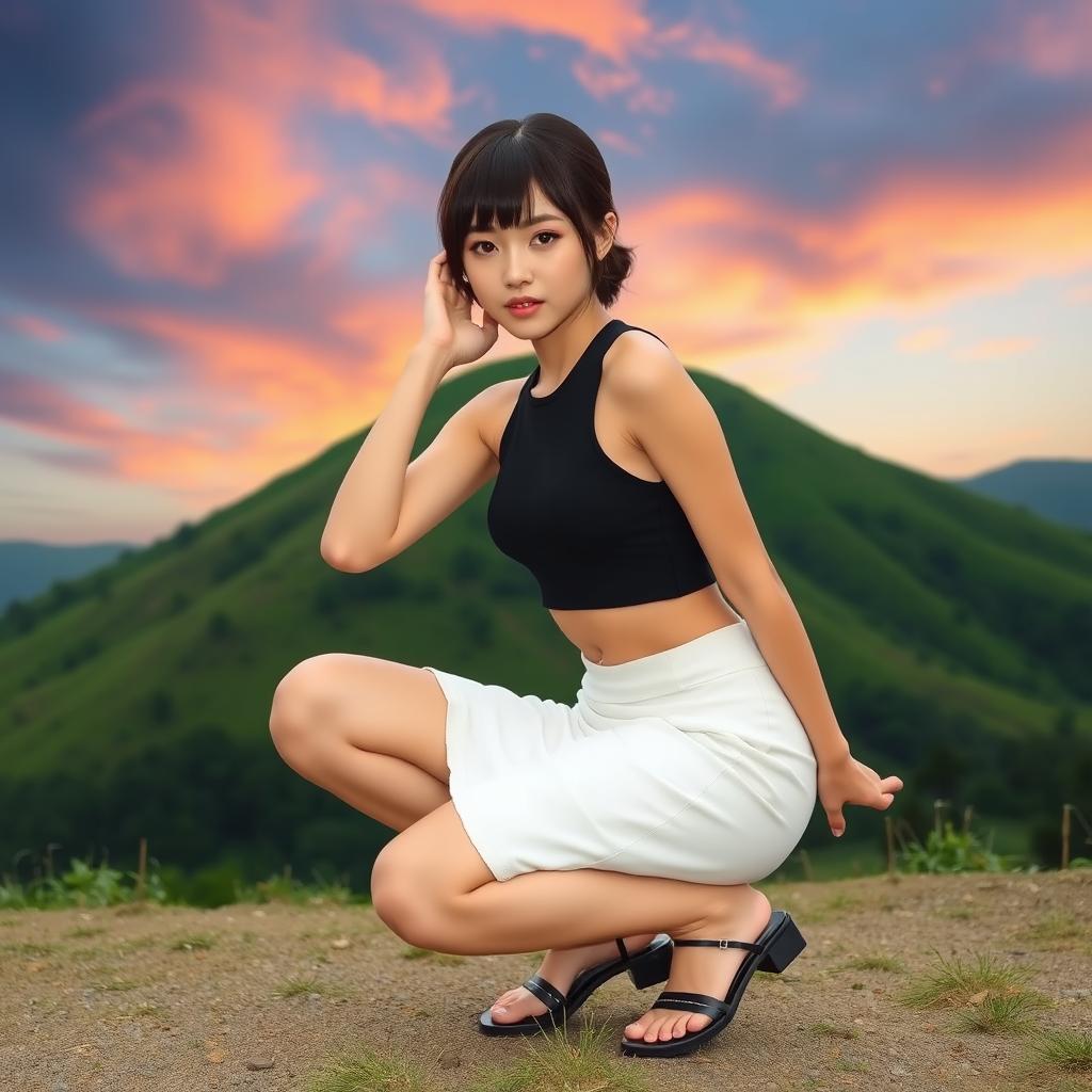A fashionable Japanese girl squatting gracefully in front of a picturesque hill, wearing a very short skirt and minimal clothing