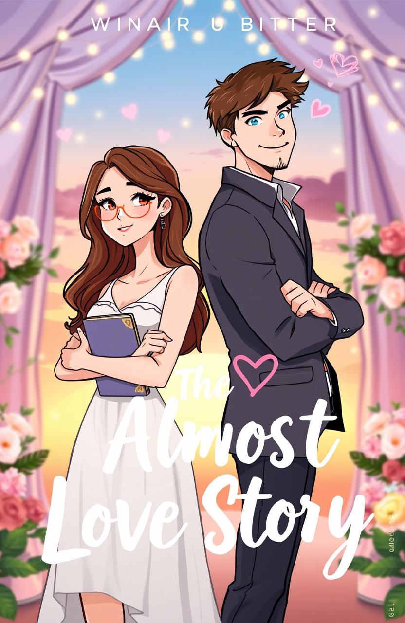 An illustrated book cover in a modern, semi-realistic style like Icebreaker, featuring Ava and Christopher standing back-to-back in a dreamy wedding venue setting