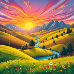 A dynamic illustration showcasing a vibrant landscape that effectively demonstrates the concepts of depth and perspective