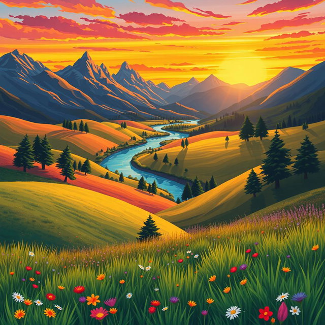 A dynamic illustration showcasing a vibrant landscape that effectively demonstrates the concepts of depth and perspective