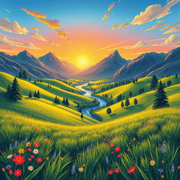A dynamic illustration showcasing a vibrant landscape that effectively demonstrates the concepts of depth and perspective