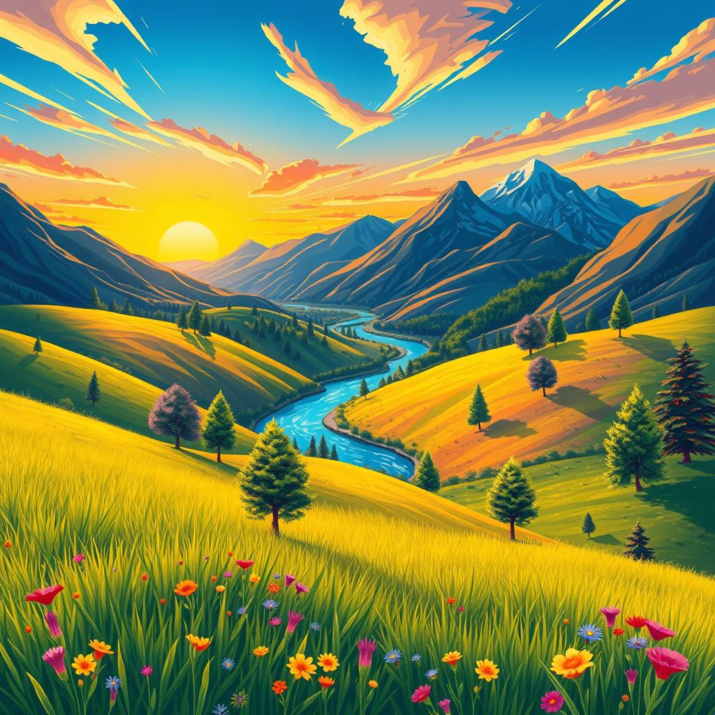 A dynamic illustration showcasing a vibrant landscape that effectively demonstrates the concepts of depth and perspective