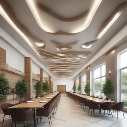 Design a dining hall with dimensions being 41ft by 13ft and a ceiling height of 11ft. Decorate it in a stylish yet functional way to promote communal dining.