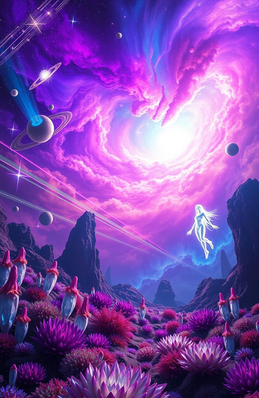 A vibrant cosmic fantasy scene featuring a dazzling nebula with swirling colors of purple, blue, and pink