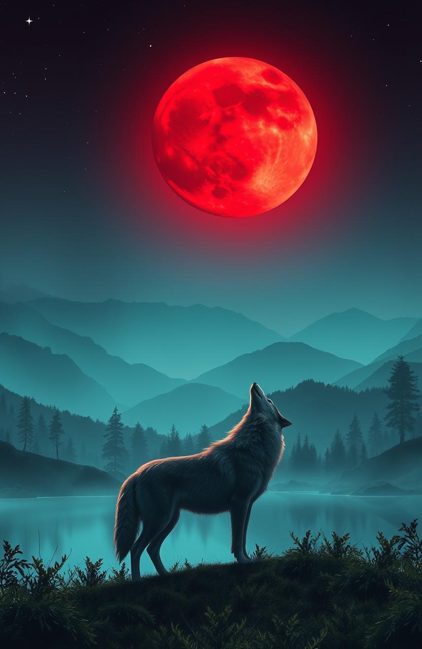 A mystical scene set under a stunning crimson moon, casting a deep red glow over a serene landscape