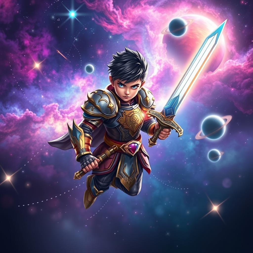 A vibrant cosmic fantasy scene showcasing a beautiful galaxy and a colorful nebula in the background, filled with swirling shades of purple, blue, and pink