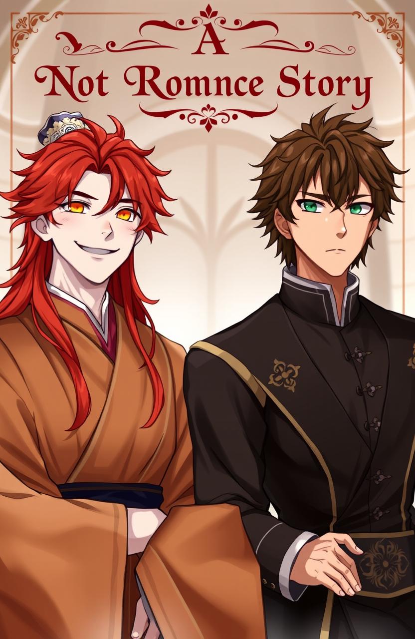 An imaginative portrayal of two male characters in a fantasy setting: one is an emperor with reddish long hair, pale skin, and striking orange-yellow eyes, dressed in flowing loose robes, smiling warmly