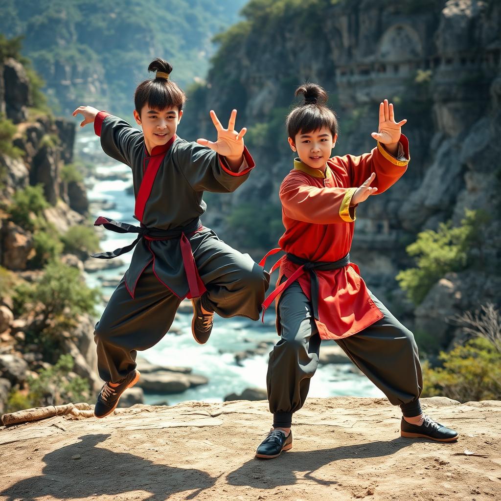 Two teenage Chinese boys dressed in traditional Wuxia attire, showcasing their martial arts skills in an outdoor training session