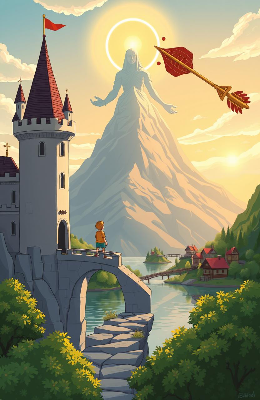 A whimsical cartoon-style landscape featuring a grand castle with an open door, creating a bridge between a serene lake and the castle