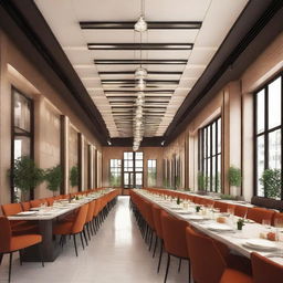 Design a dining hall with dimensions being 41ft by 13ft and a ceiling height of 11ft. Decorate it in a stylish yet functional way to promote communal dining.