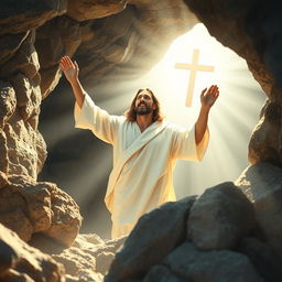 A radiant portrayal of Jesus Christ, risen from the dead, emerging victoriously from a rocky tomb
