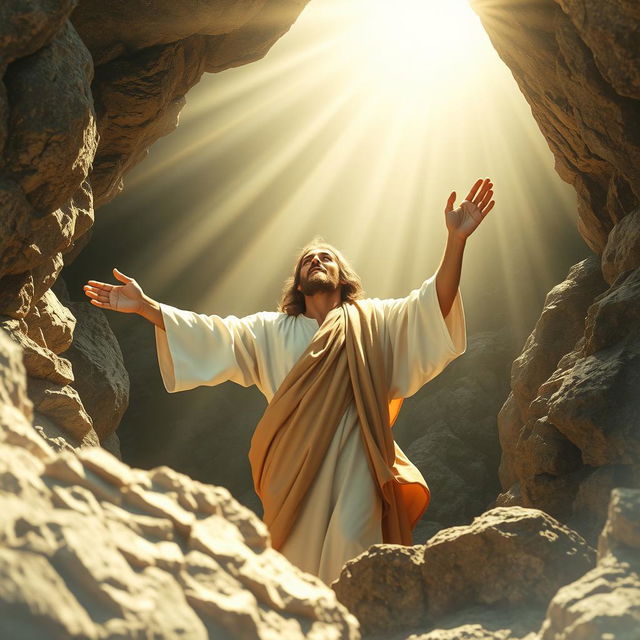 A radiant portrayal of Jesus Christ, risen from the dead, emerging victoriously from a rocky tomb