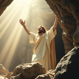 A radiant portrayal of Jesus Christ, risen from the dead, emerging victoriously from a rocky tomb