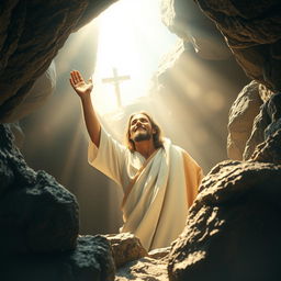 A radiant portrayal of Jesus Christ, risen from the dead, emerging victoriously from a rocky tomb