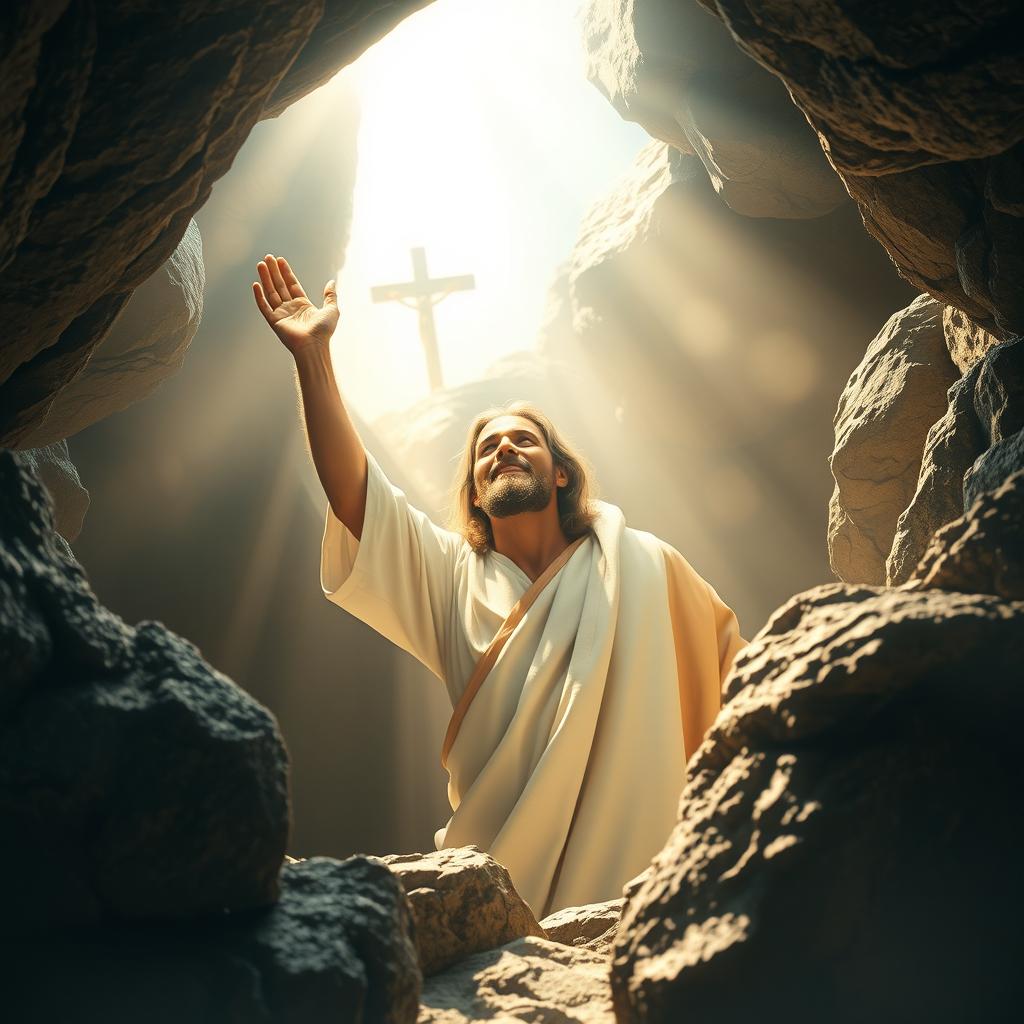 A radiant portrayal of Jesus Christ, risen from the dead, emerging victoriously from a rocky tomb