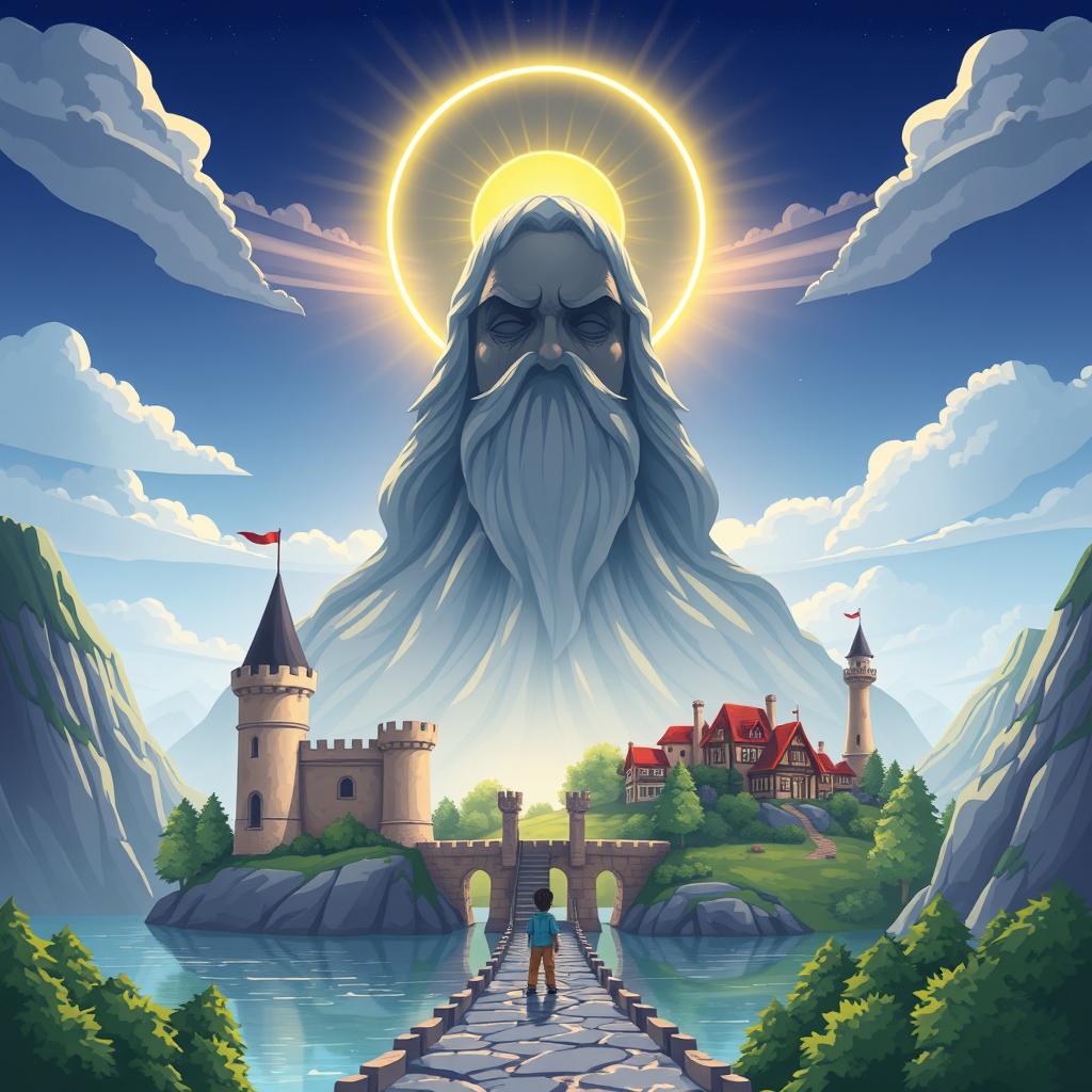 A whimsical cartoon-style landscape featuring a grand castle with an open door, bridging between a serene lake and the castle itself
