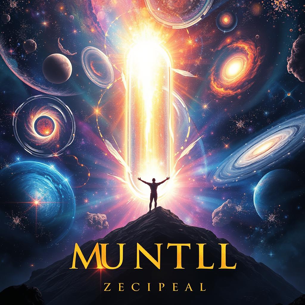 A captivating novel book cover art image depicting an expansive cosmic scene featuring a dimensional rift amidst swirling galaxies, nebulae, and stars