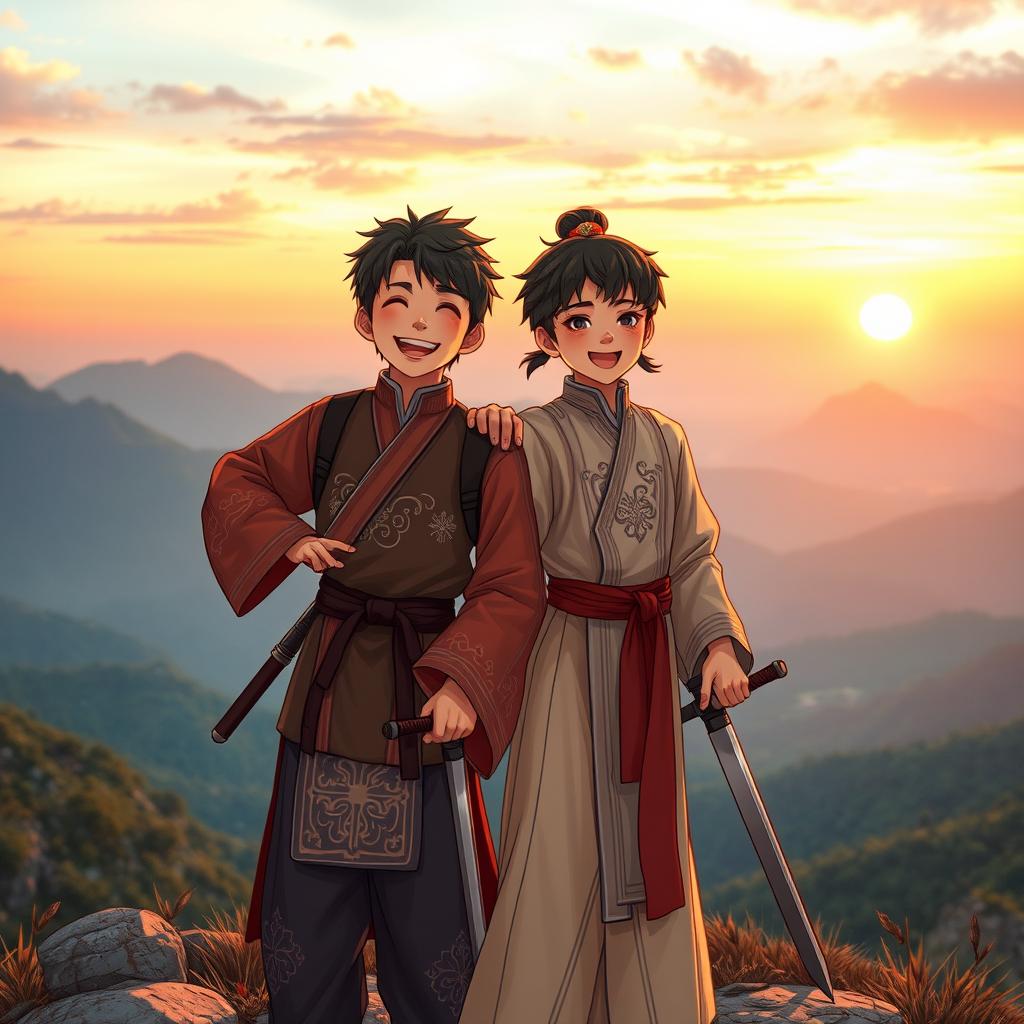 A heartwarming scene depicting two Chinese teenagers in traditional Wuxia attire, showcasing a strong bond of friendship and camaraderie