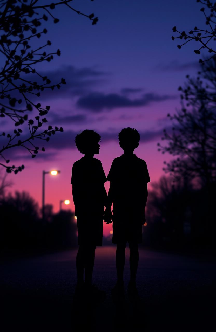 A poignant and romantic scene depicting the shadows of two boys holding hands, silhouetted against a twilight backdrop filled with deep purples and soft blues