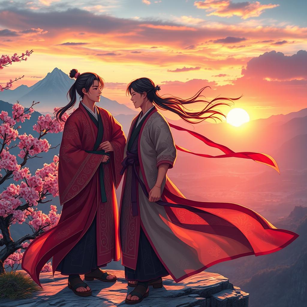 A vibrant scene capturing the essence of bromance set in a Wuxia world