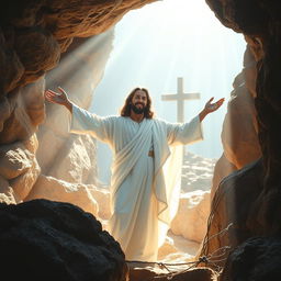 A beautiful, inspiring depiction of Jesus Christ, risen from the dead, emerging victoriously from a rocky tomb
