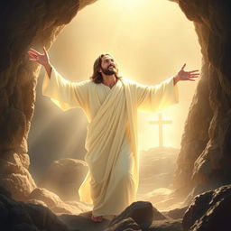 A beautiful, inspiring depiction of Jesus Christ, risen from the dead, emerging victoriously from a rocky tomb