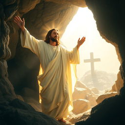 A beautiful, inspiring depiction of Jesus Christ, risen from the dead, emerging victoriously from a rocky tomb