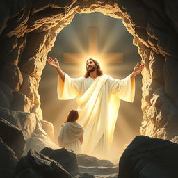 A beautiful, inspiring depiction of Jesus Christ, risen from the dead, emerging victoriously from a rocky tomb