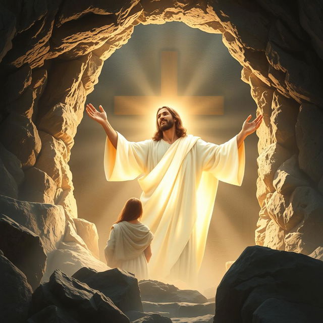 A beautiful, inspiring depiction of Jesus Christ, risen from the dead, emerging victoriously from a rocky tomb