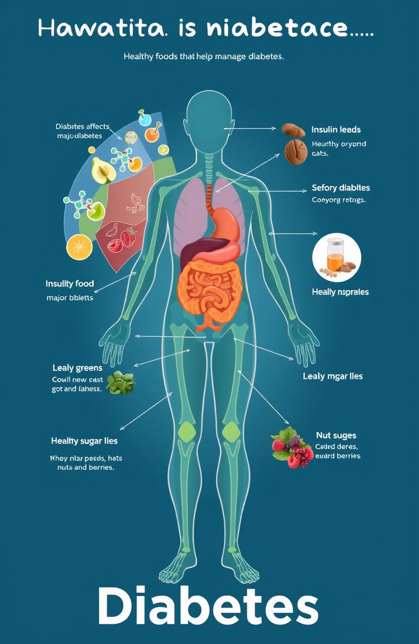 A visually striking educational illustration about diabetes, featuring an anatomically accurate human body with highlighted areas demonstrating where diabetes affects major organs