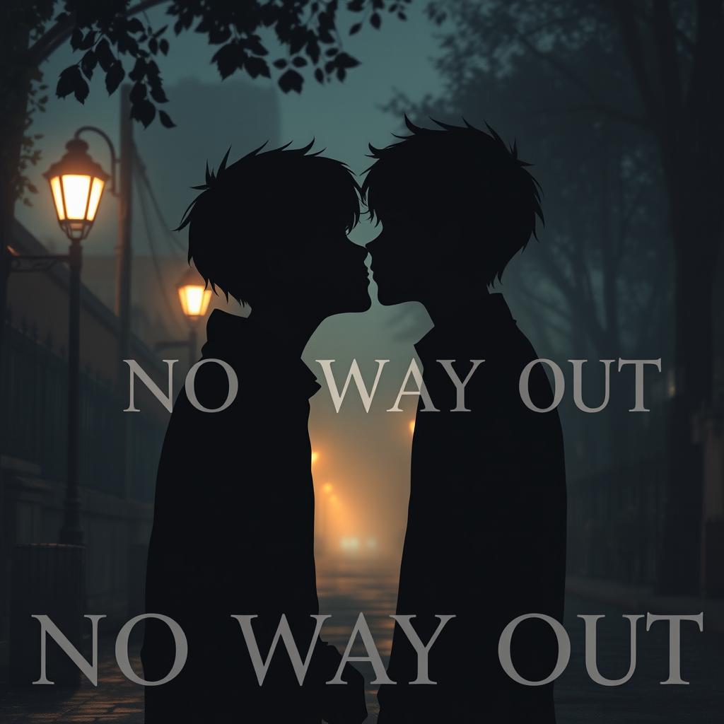 A poignant scene featuring two boys in love, represented only as dark silhouettes against a somber backdrop