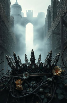 A dark fantasy scene featuring a rotting crown, intricately detailed with decay and age