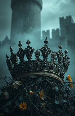 A dark fantasy scene featuring a rotting crown, intricately detailed with decay and age