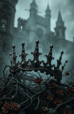 A dark fantasy scene featuring a rotting crown, intricately detailed with decay and age
