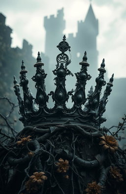 A dark fantasy scene featuring a rotting crown, intricately detailed with decay and age