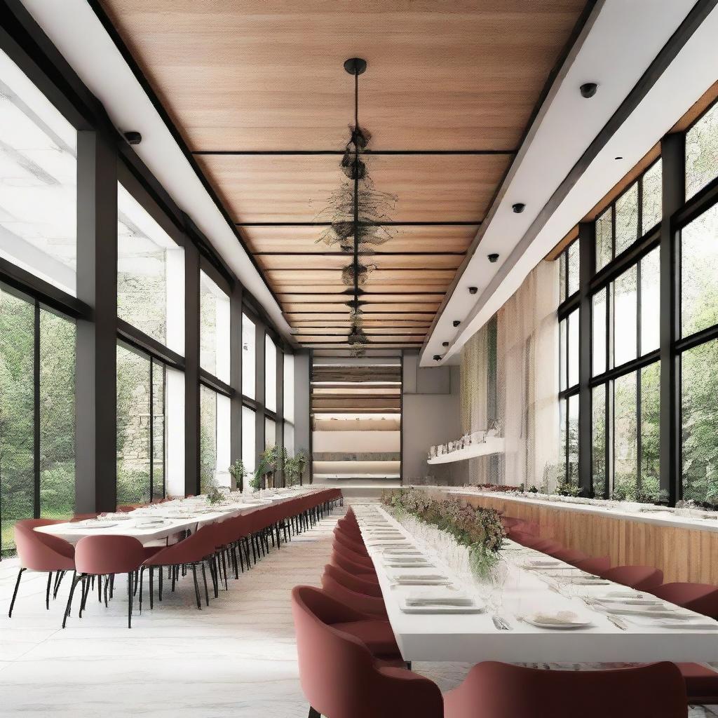 Design a dining hall with dimensions being 41ft by 13ft and a ceiling height of 11ft. Decorate it in a stylish yet functional way to promote communal dining.