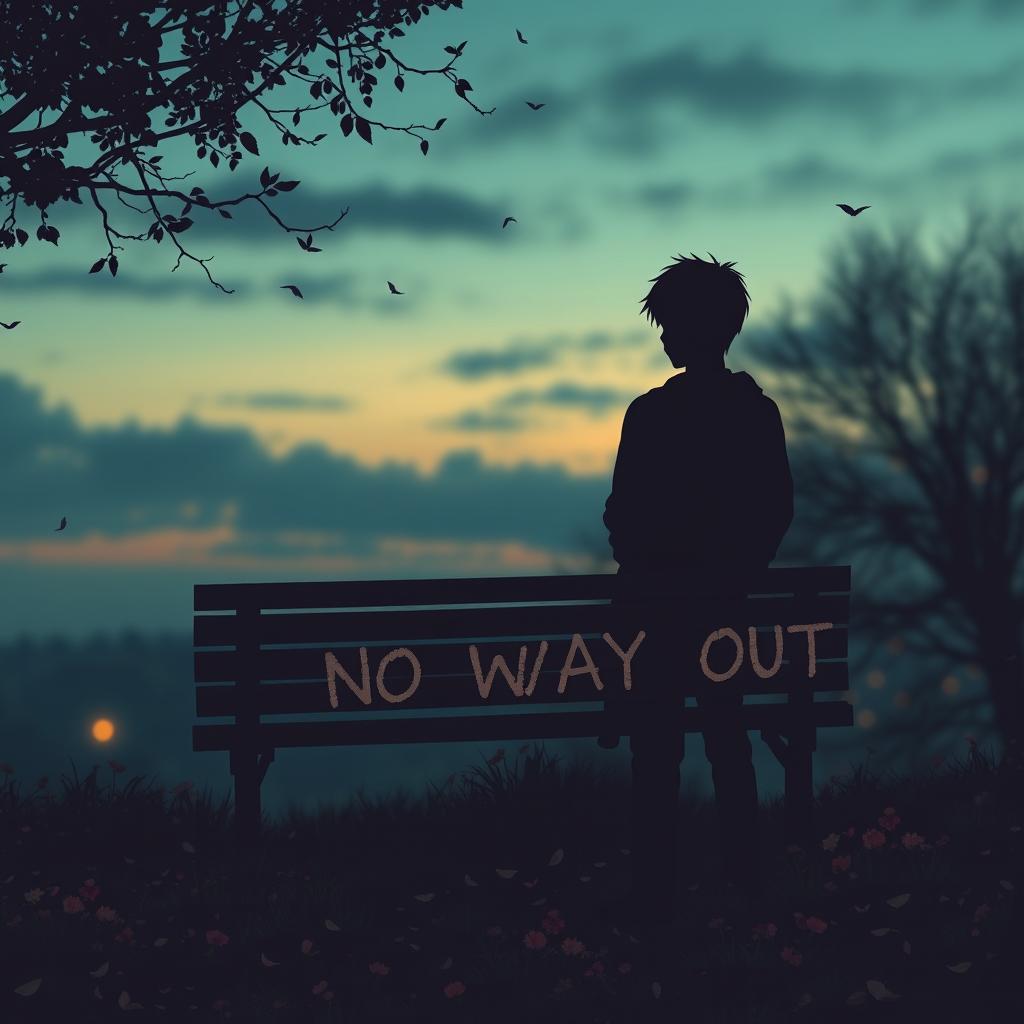 A melancholic yet romantic scene featuring two boys represented as dark silhouettes without visible faces, set against a wistful, twilight sky