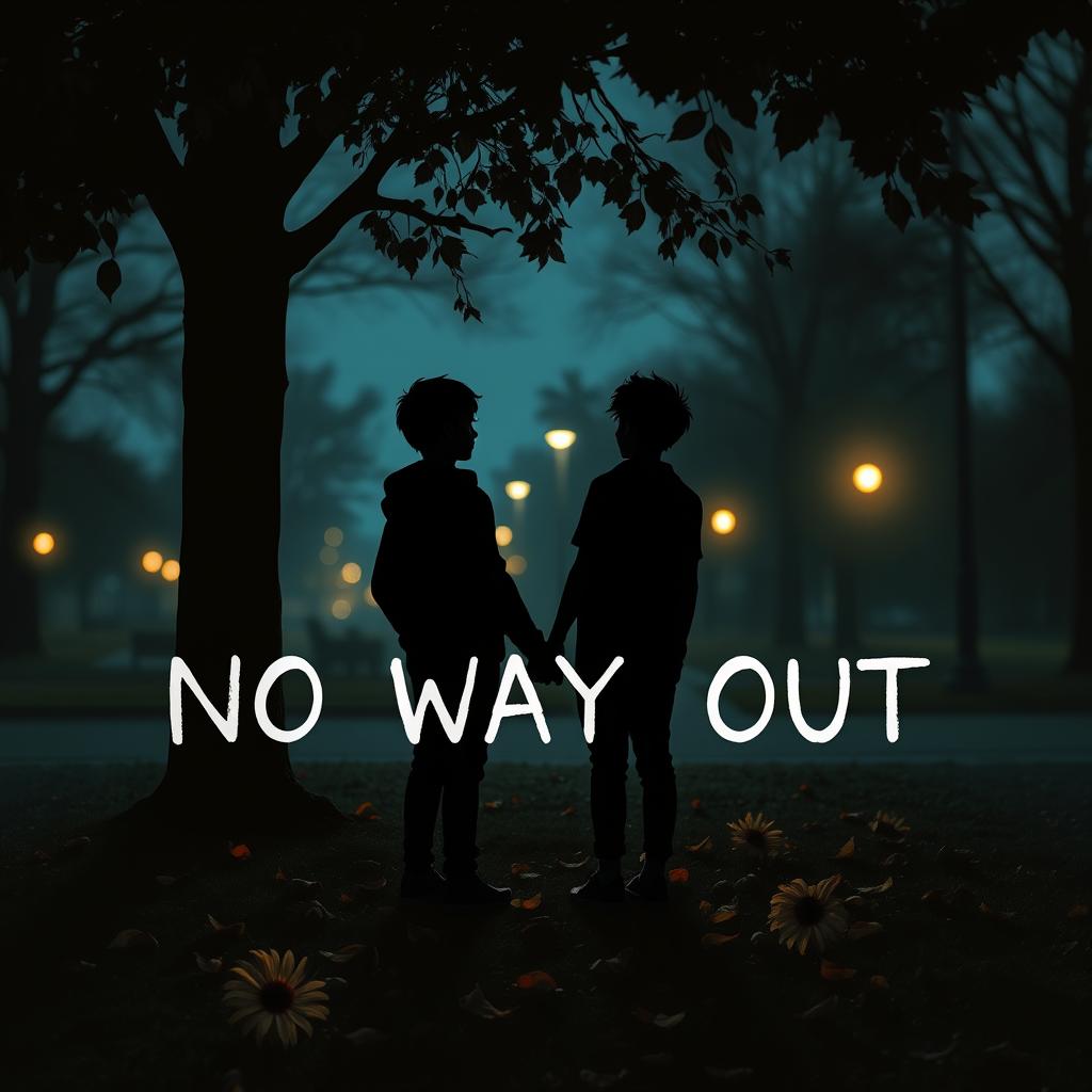 A heart-wrenching scene depicting two boys represented as dark silhouettes, capturing a sense of sadness and romance without showing their faces