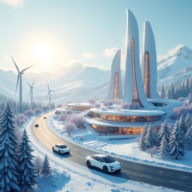 Create a modern design of a futuristic city set against the backdrop of Siberian snow-capped mountains