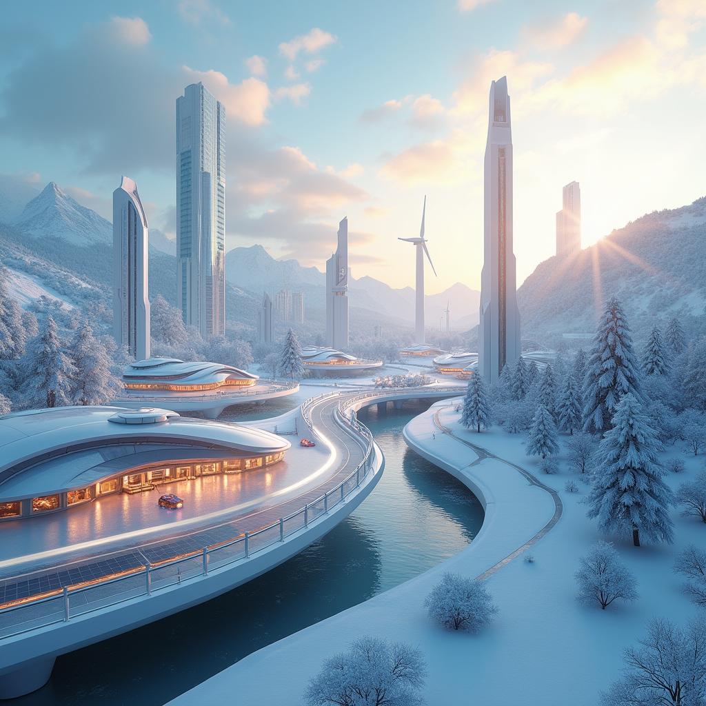 Create a modern design of a futuristic city set against the backdrop of Siberian snowy mountains