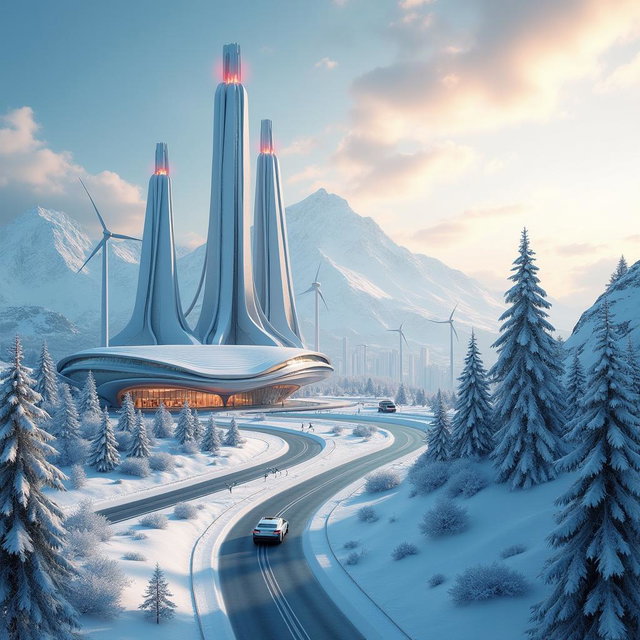 Create a modern design for a futuristic city set against the backdrop of Siberian snowy mountains